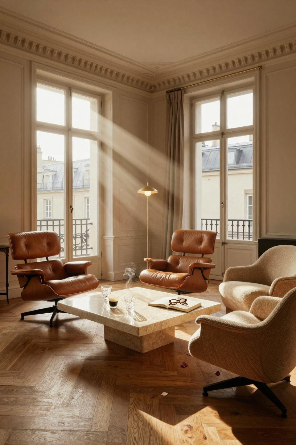 2 Chairs Sitting Area featuring four statement chairs with travertine coffee table
