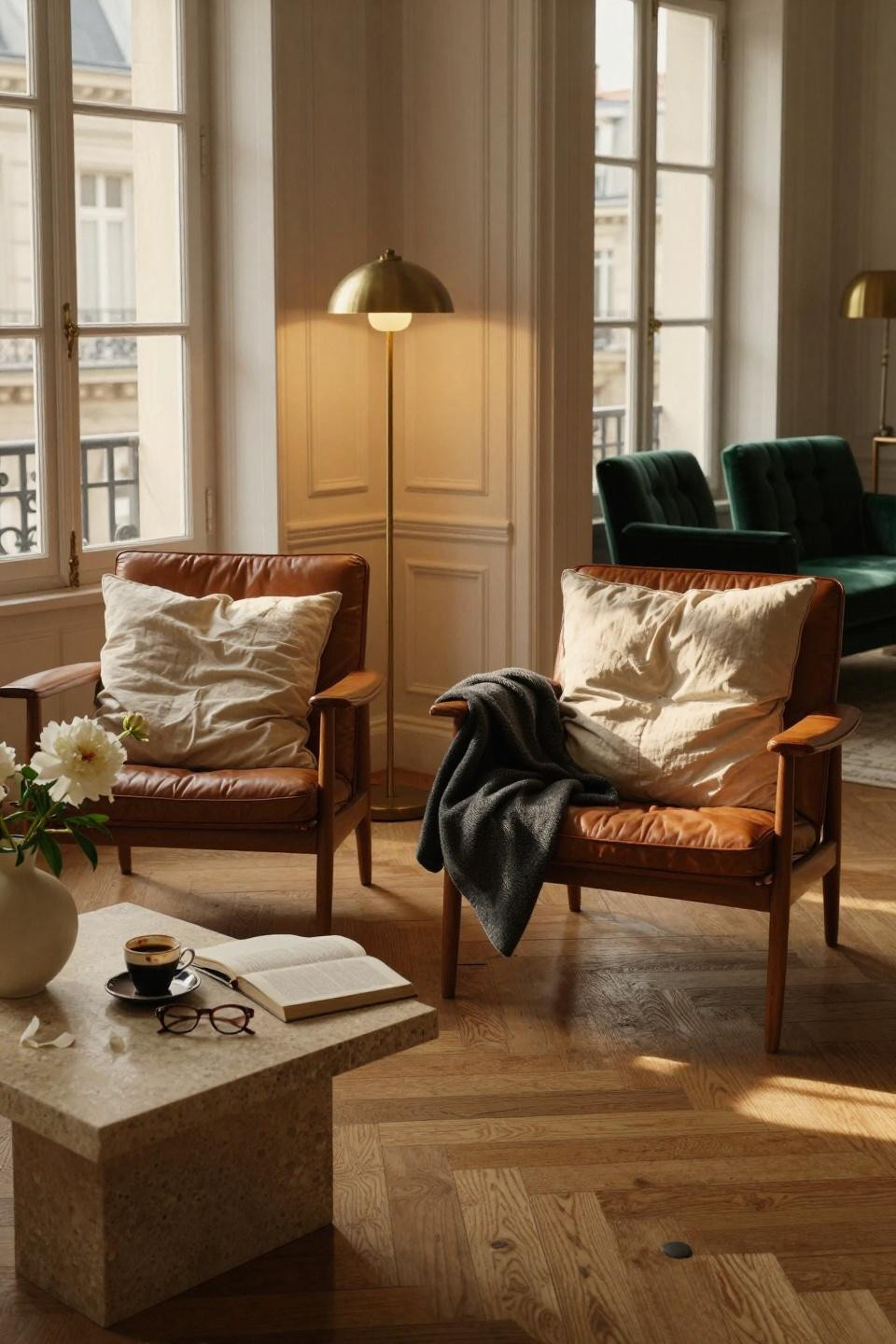 2 Chairs Sitting Area with cognac leather chairs and brass lighting