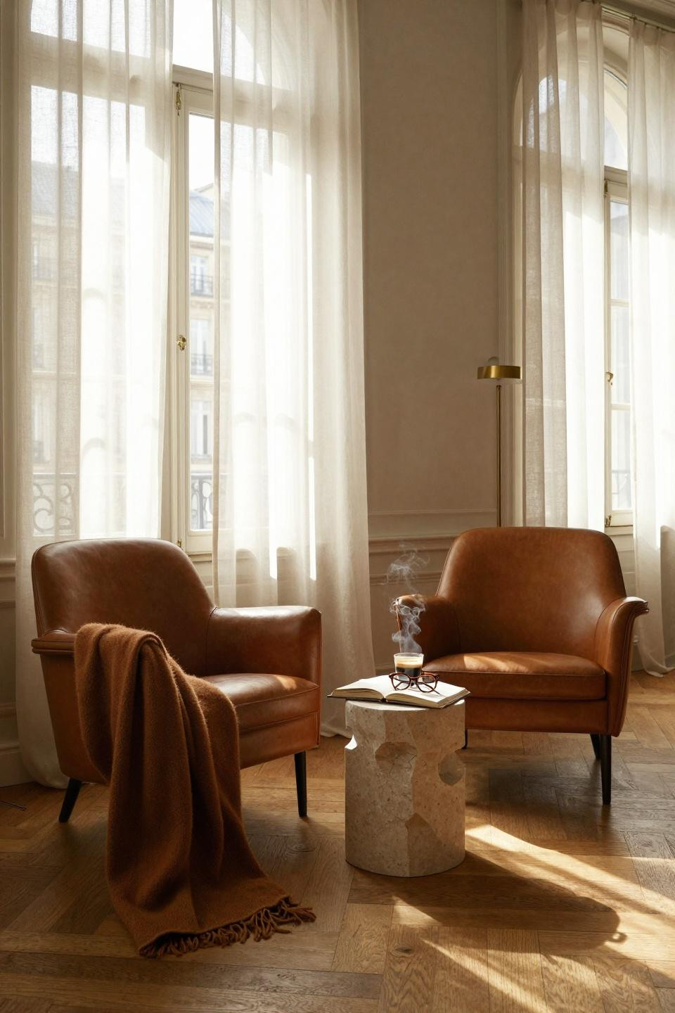 2 Chairs Sitting Area with mid-century armchairs and travertine table
