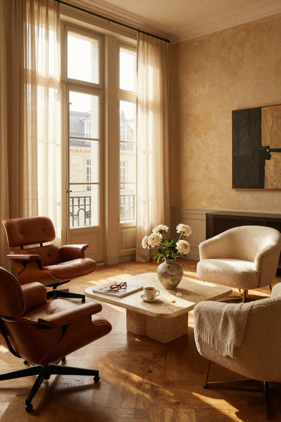 2 Chairs Sitting Area with four sculptural chairs around travertine table