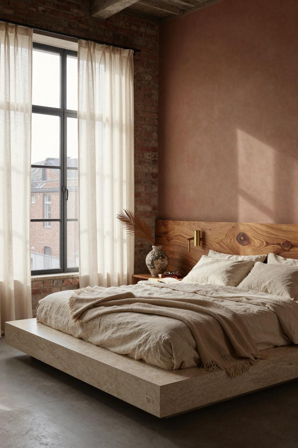 Unique bedroom design featuring travertine platform bed and exposed brick