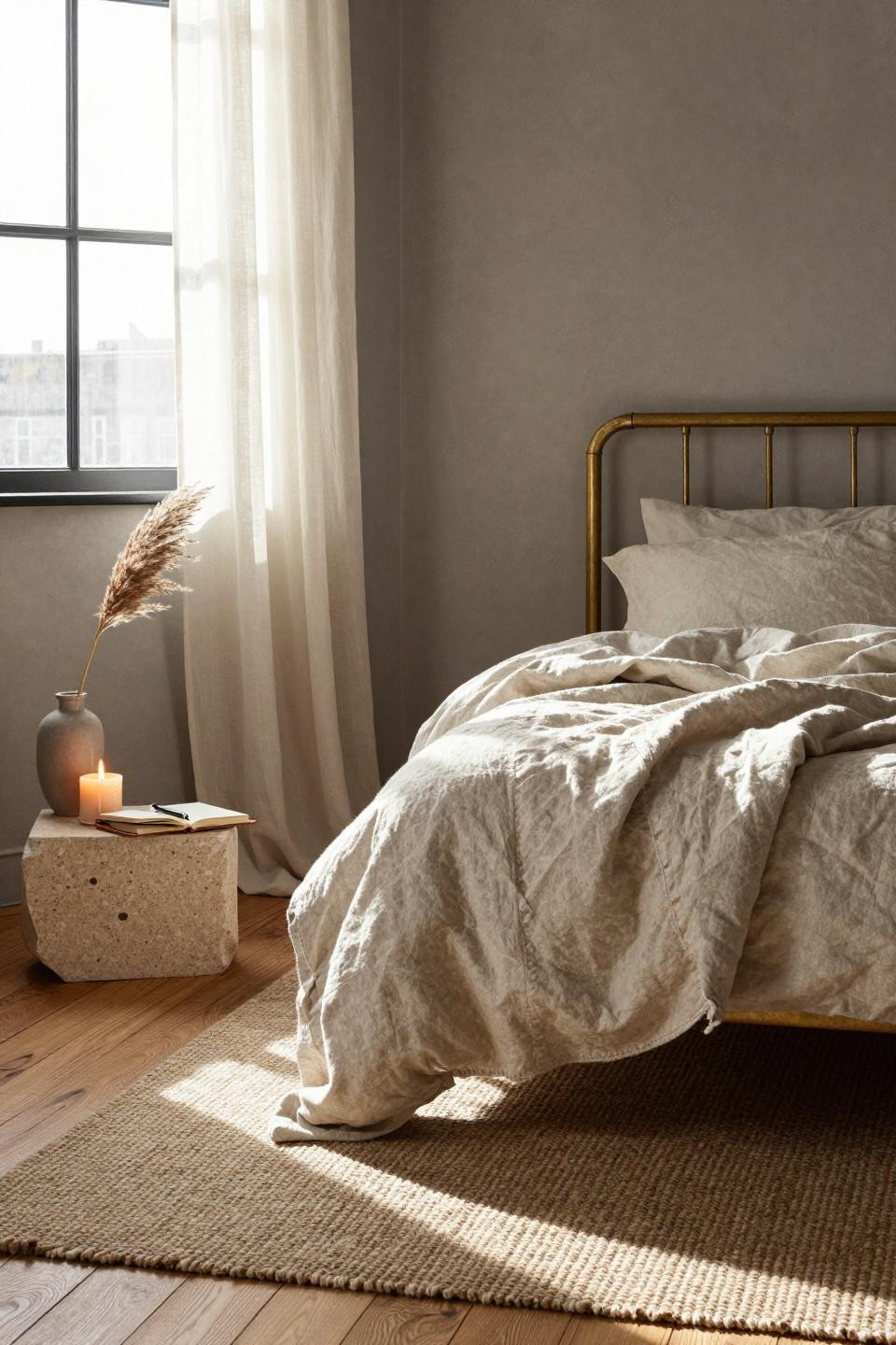 Unique bedroom design featuring unlacquered brass and jute rug