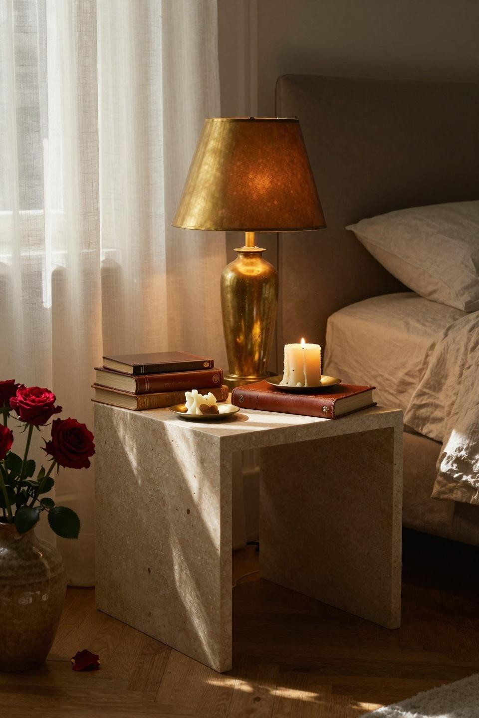 Unique bedroom design detail with travertine nightstand and brass lamp