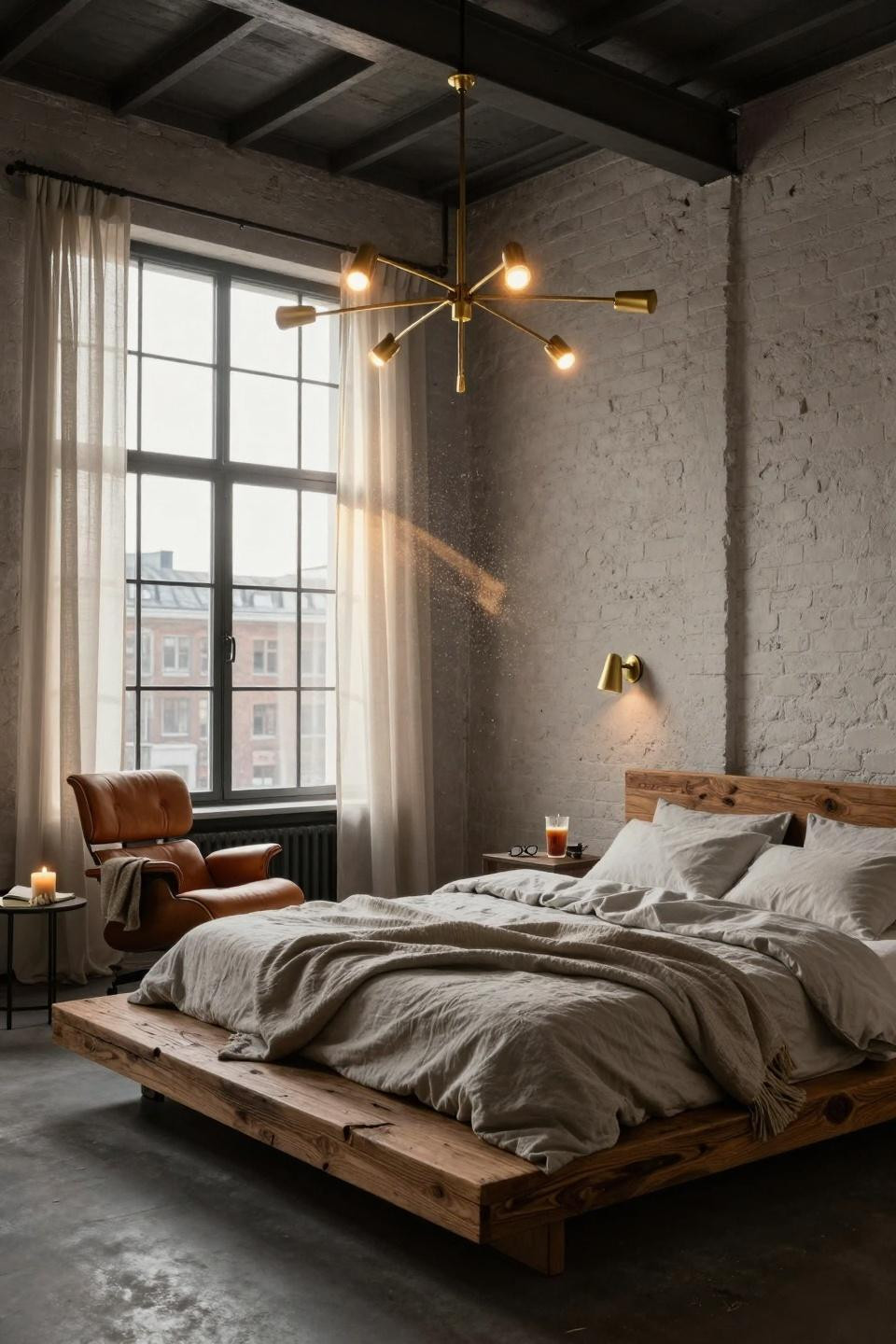 Unique bedroom design featuring exposed brick and leather accent chair