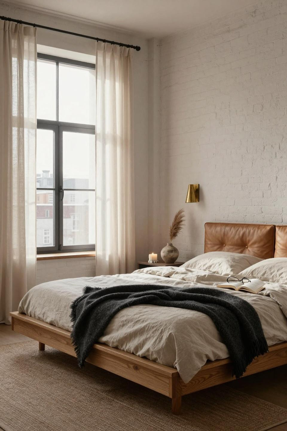 Unique bedroom design with oak platform bed and minimal styling