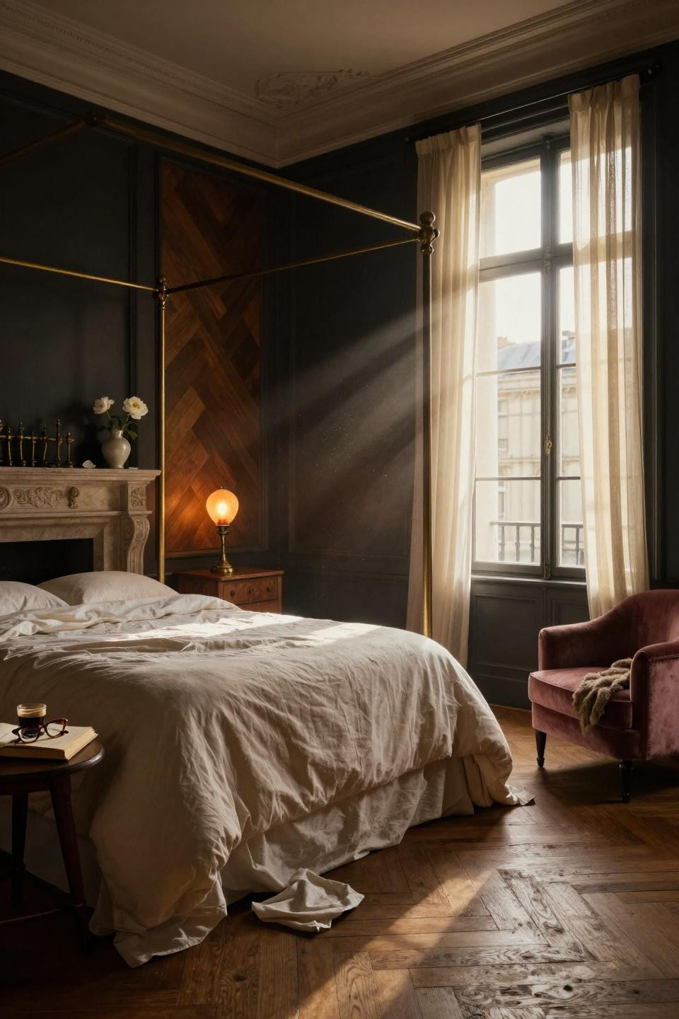 Unique bedroom design with charcoal walls and brass fixtures