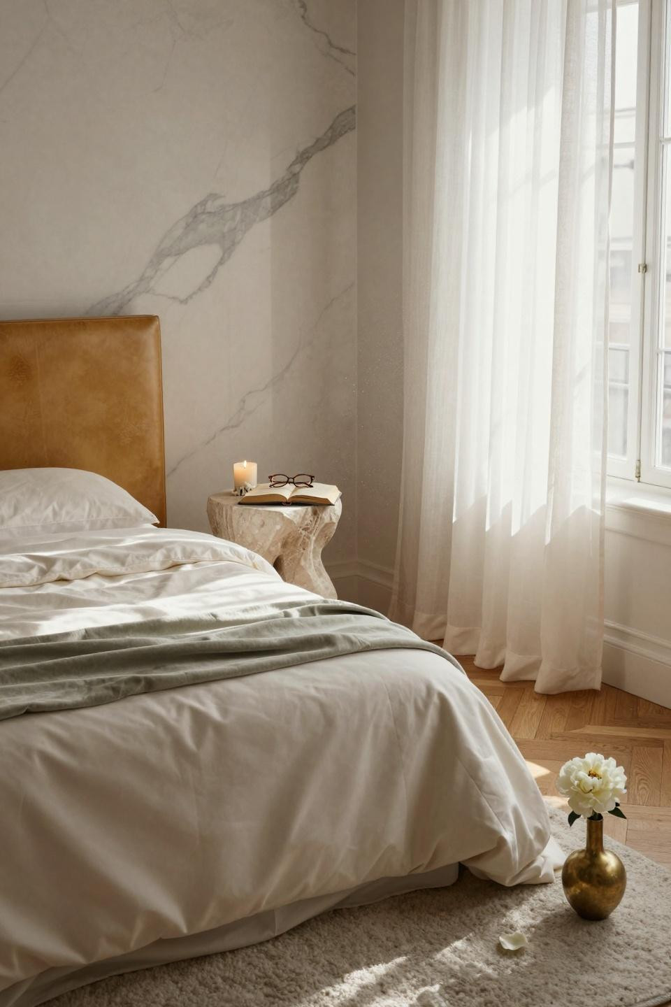 Unique bedroom design with leather headboard and Calacatta marble wall