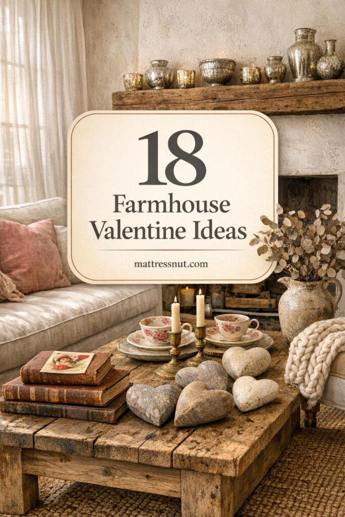 Farmhouse living room with reclaimed wood table, vintage wooden hearts, blush velvet cushions, dried eucalyptus, and soft morning light