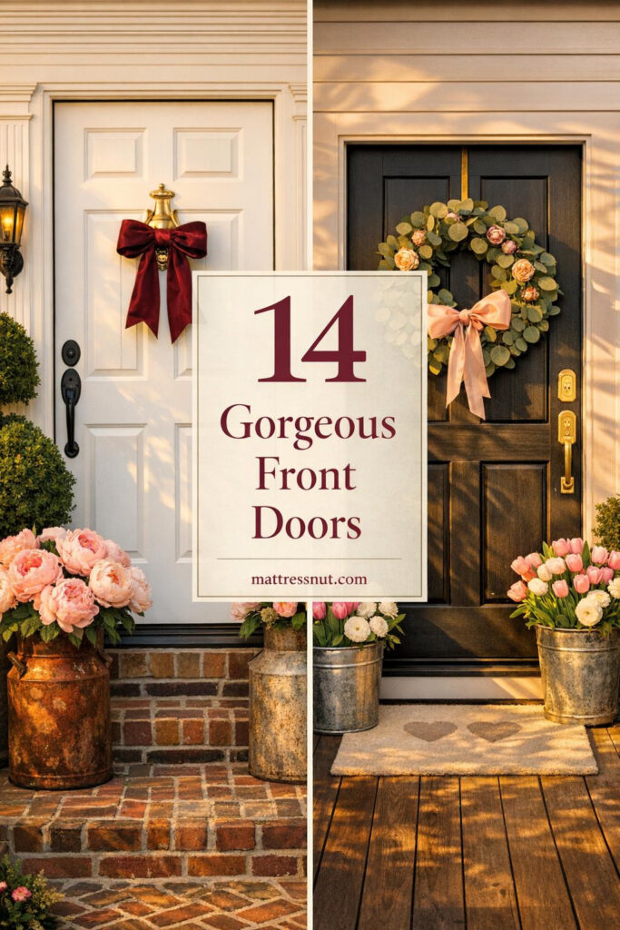White colonial door with pink peonies and black farmhouse door with rose wreath, featuring romantic Valentine's entrance styling