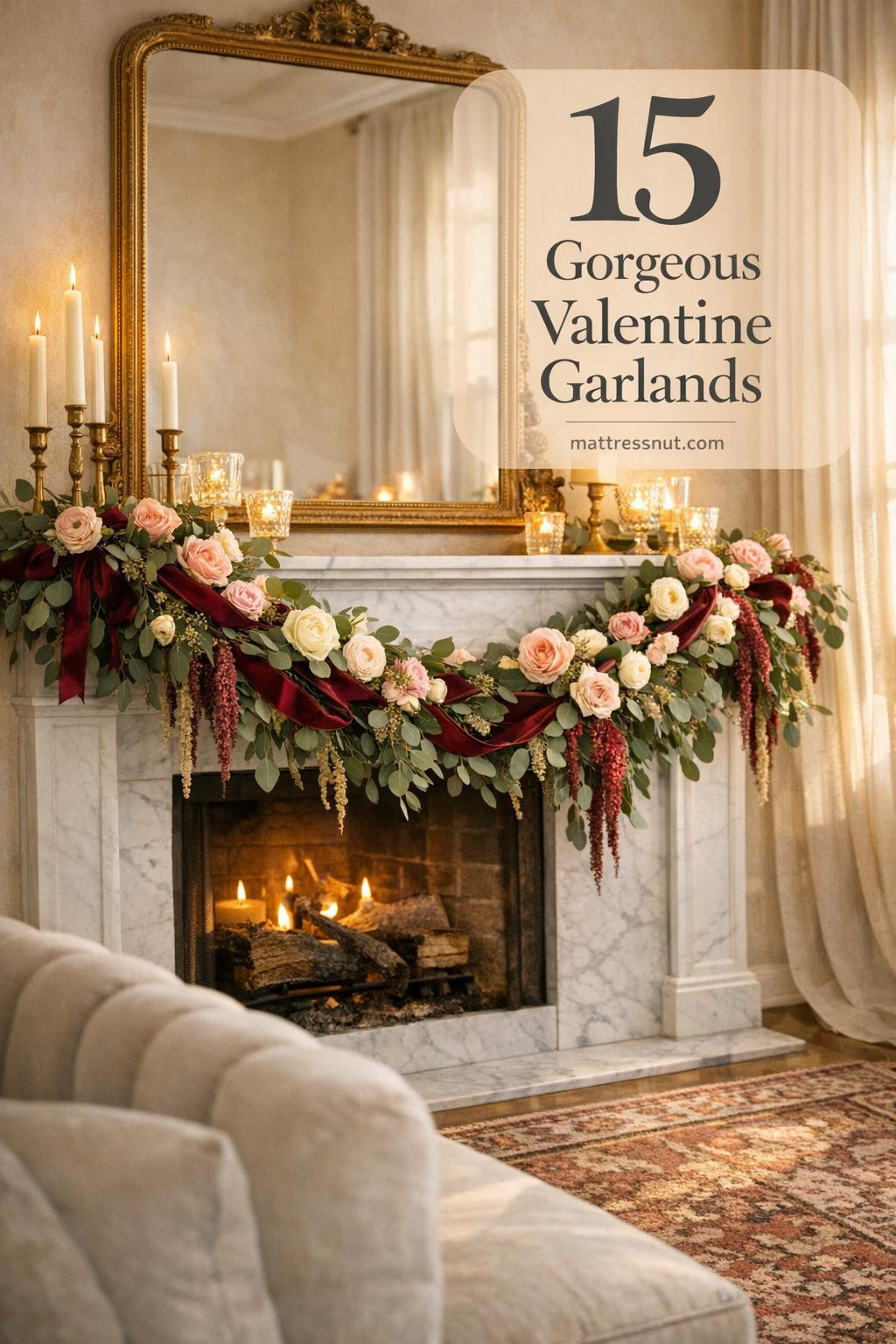 Carrara marble mantel decorated with burgundy velvet ribbon, blush roses, eucalyptus, and ivory candles in cream living room