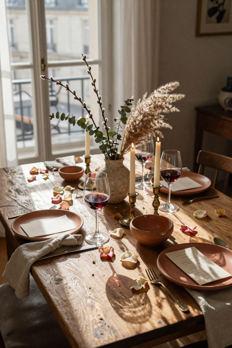 Valentine tablescape with foraged branches and terracotta plates