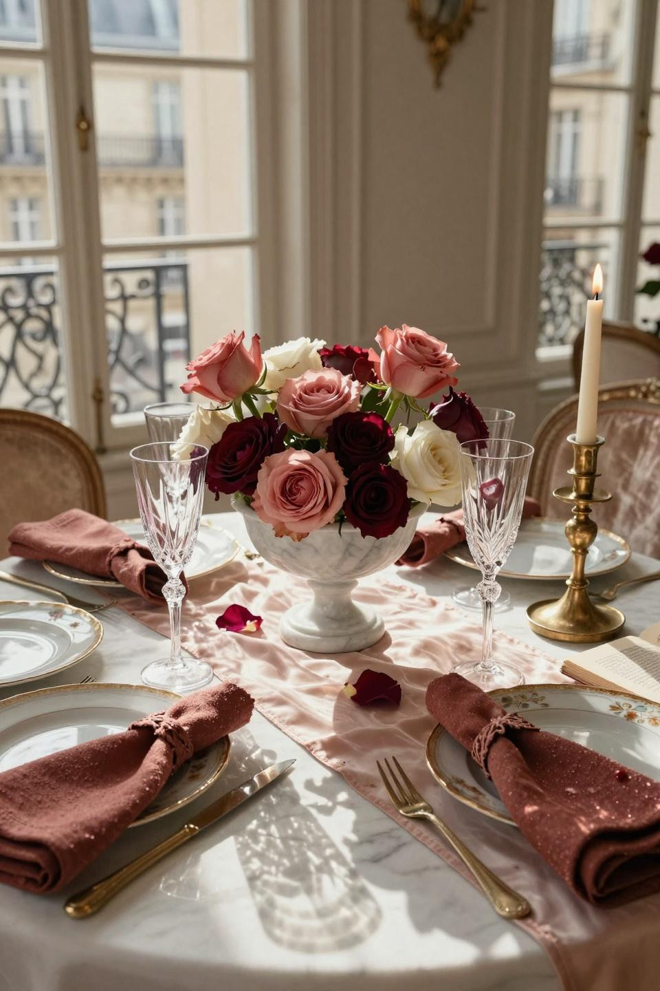 Valentine tablescape with marble pedestal and dusty roses