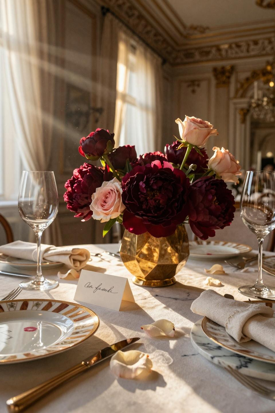Valentine tablescape with burgundy peonies in brass vessel
