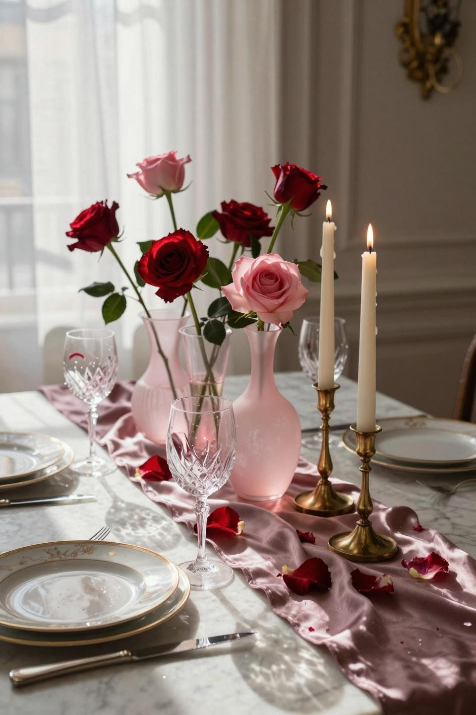 Valentine tablescape with Murano glass vases and garden roses