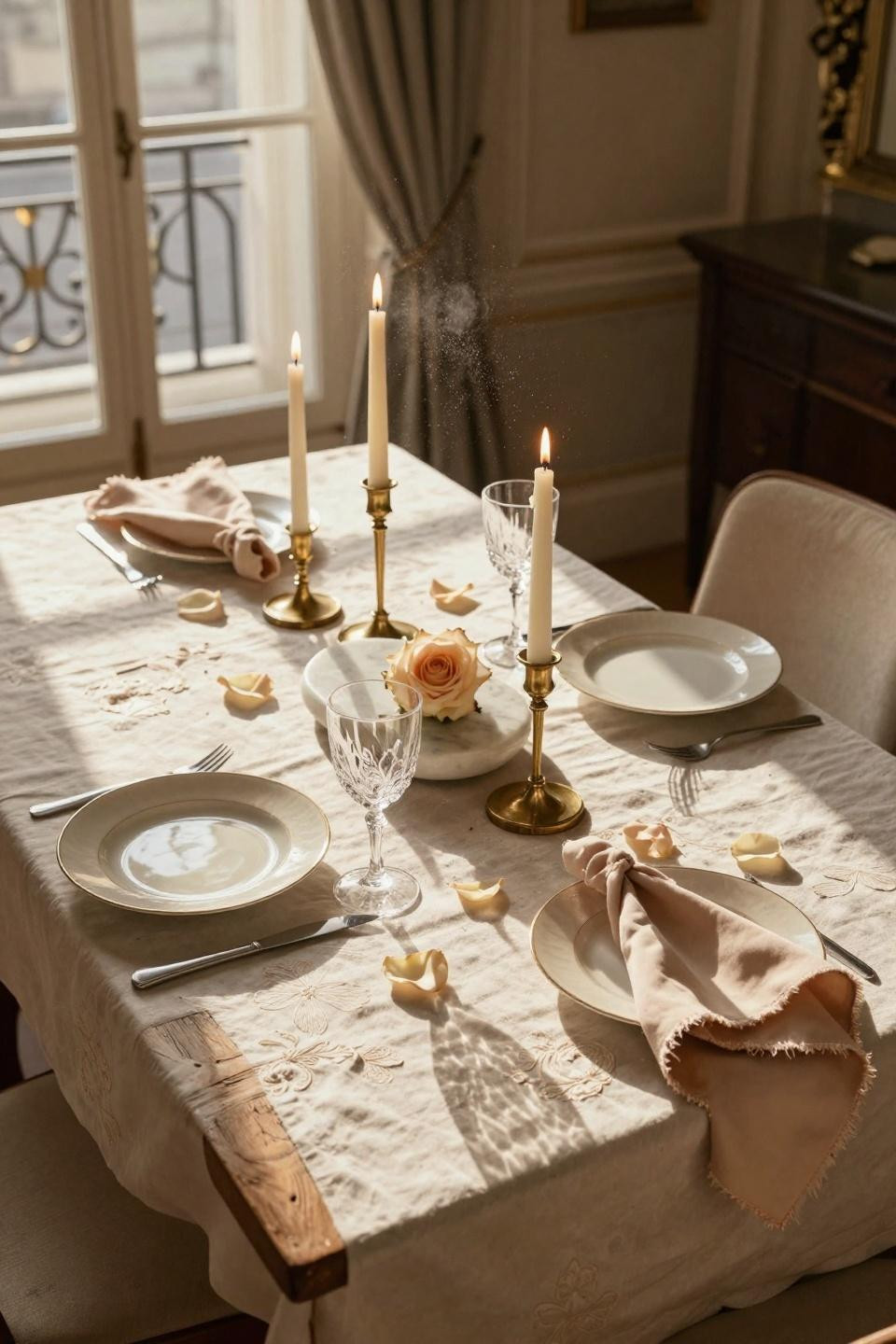 Valentine tablescape with champagne roses and marble lazy susan