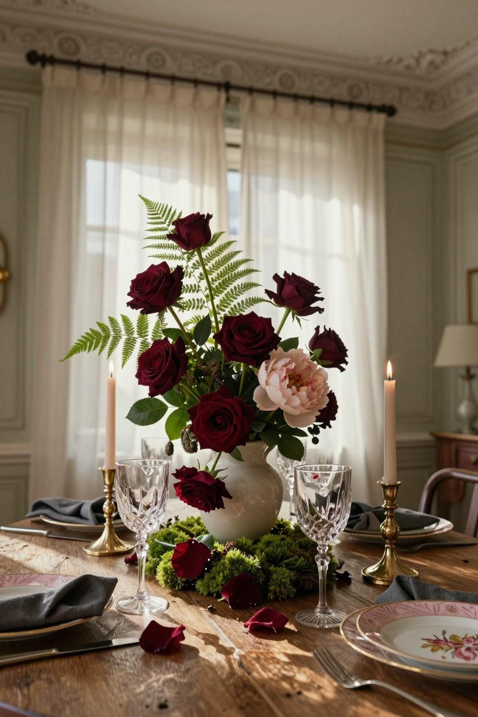 Valentine tablescape with burgundy peonies and emerald moss