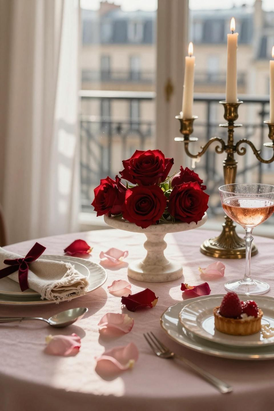 Valentine tablescape with Carrara marble and crimson roses