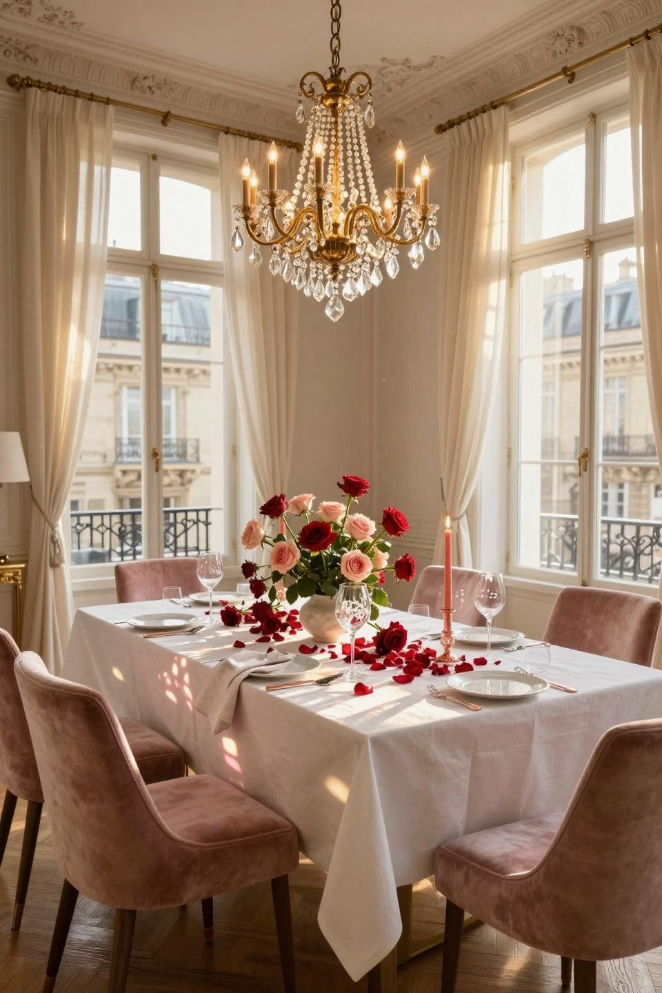 Valentine tablescape with brass chandelier and blush roses