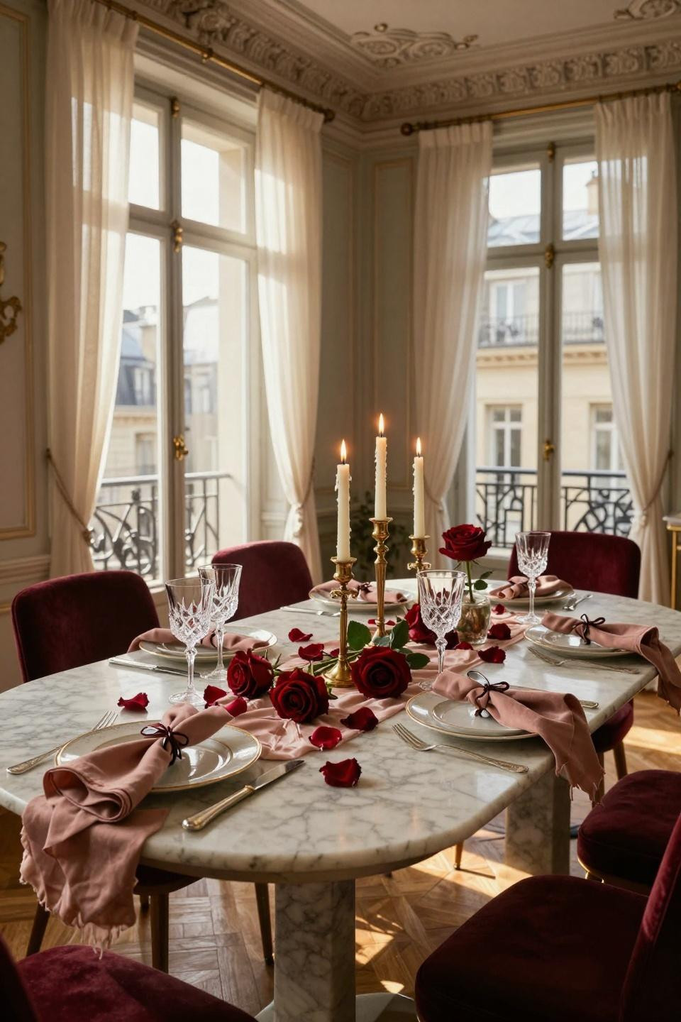 Valentine tablescape with crimson roses on blush silk runner