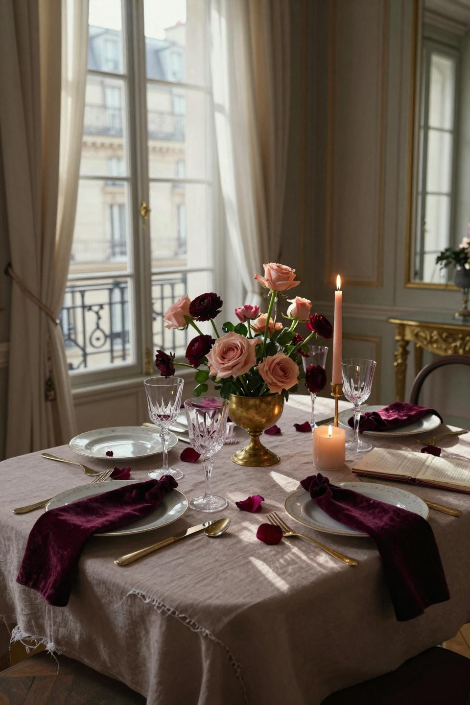 Valentine tablescape with blush roses and brass compote