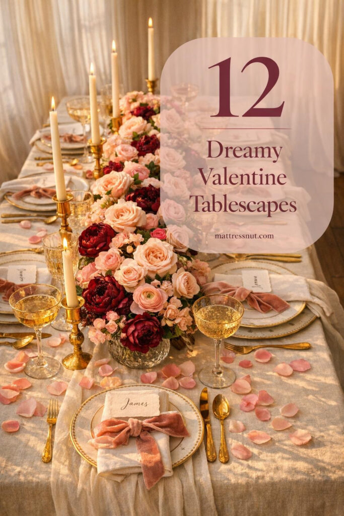 Elegant dining table with ivory linen runner, blush roses, burgundy peonies, crystal vessels, gold-rimmed china, brass candleholders