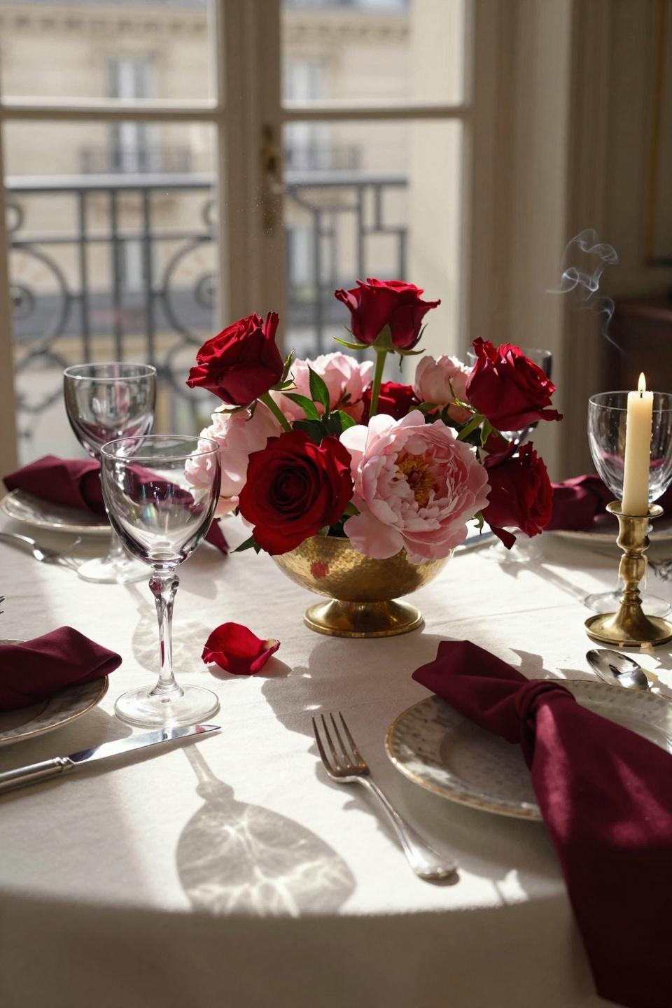 Valentine tablescape with low crimson roses in brass compote