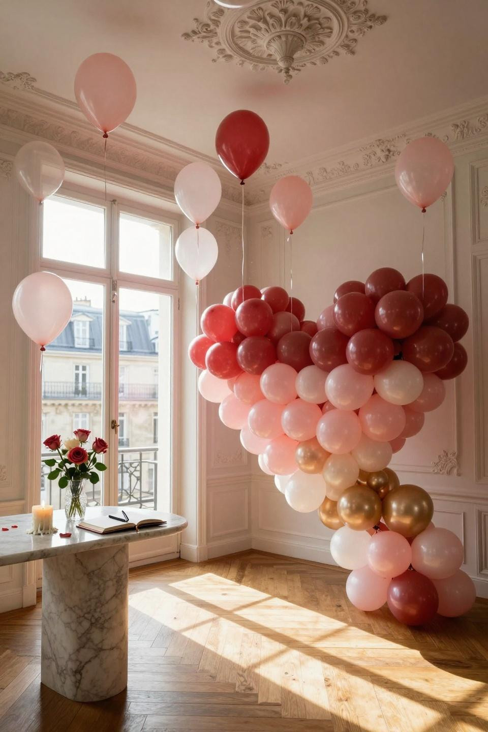 Valentines balloons decorations - organic balloon arch over marble console