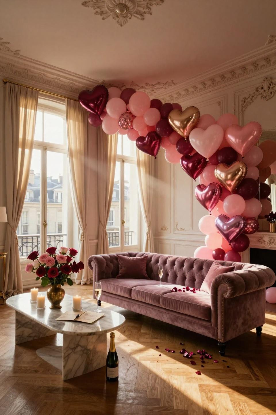 Valentines balloons decorations - dramatic burgundy and rose gold balloon arch