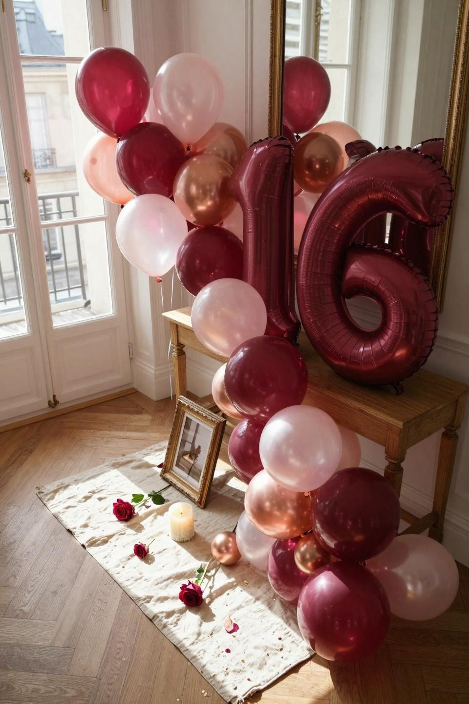 Valentines balloons decorations - overhead view of burgundy balloon garland