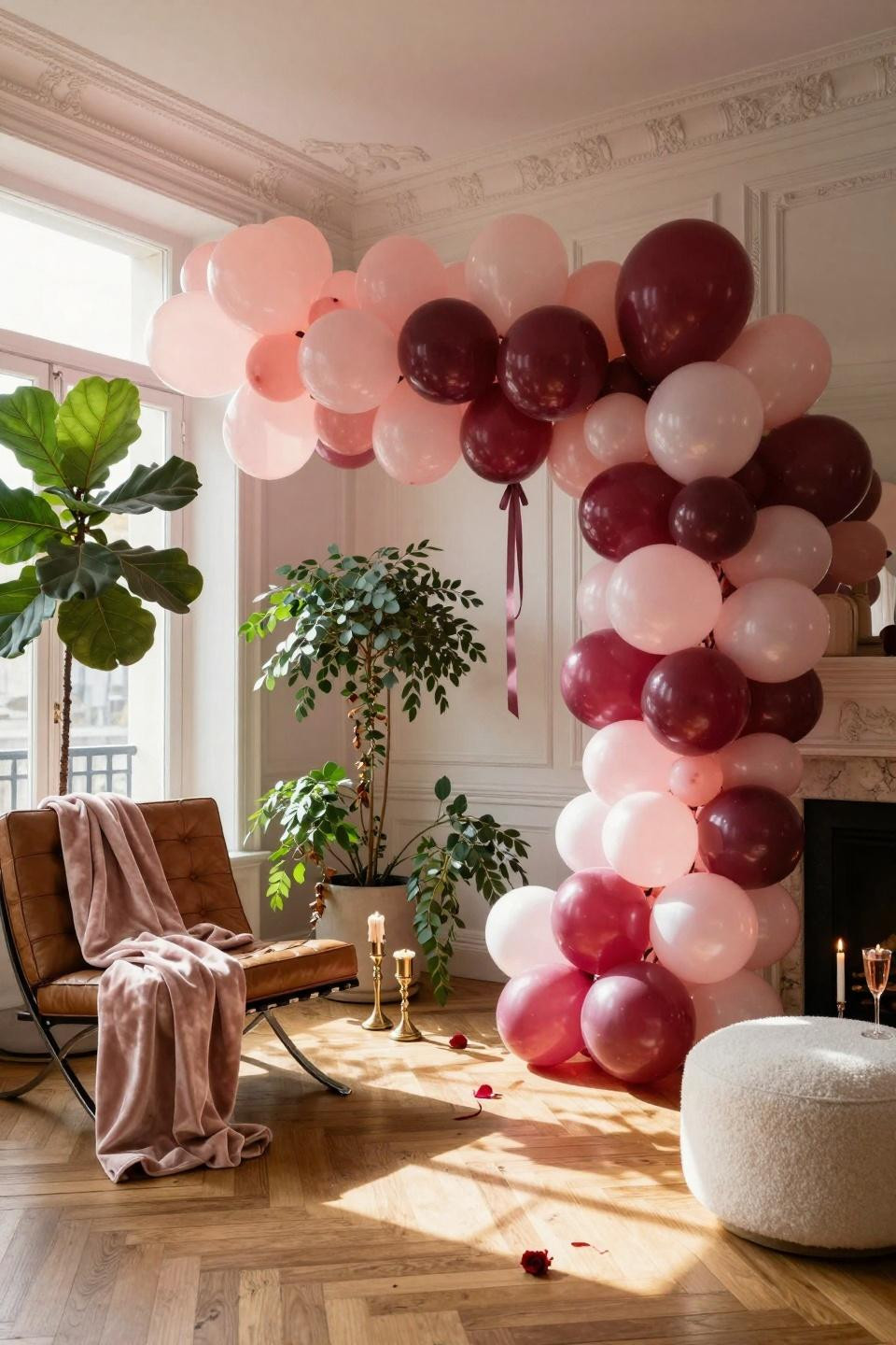 Valentines balloons decorations - heart balloon arch with eucalyptus accents