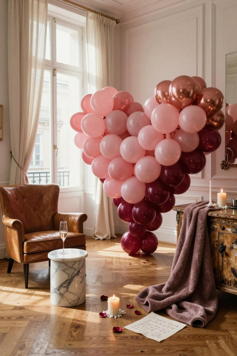 Valentines balloons decorations - elegant burgundy and rose gold heart arch