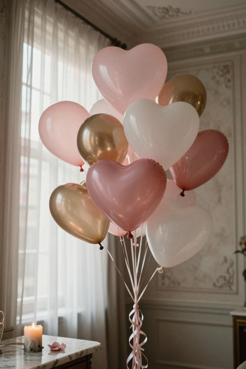 Valentines balloons decorations - soft blush balloon arrangement with metallic accents
