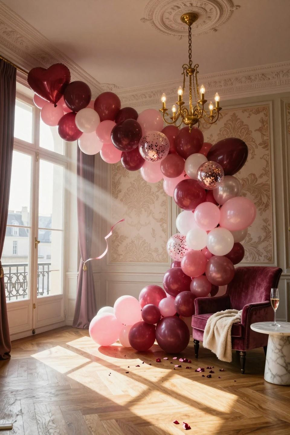 Valentines balloons decorations - dramatic floor to ceiling balloon installation