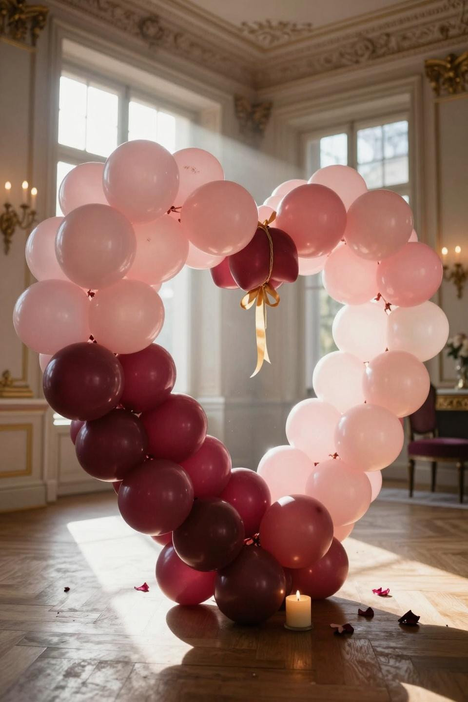 Valentines balloons decorations - closeup of heart balloon arrangement with silk ribbons