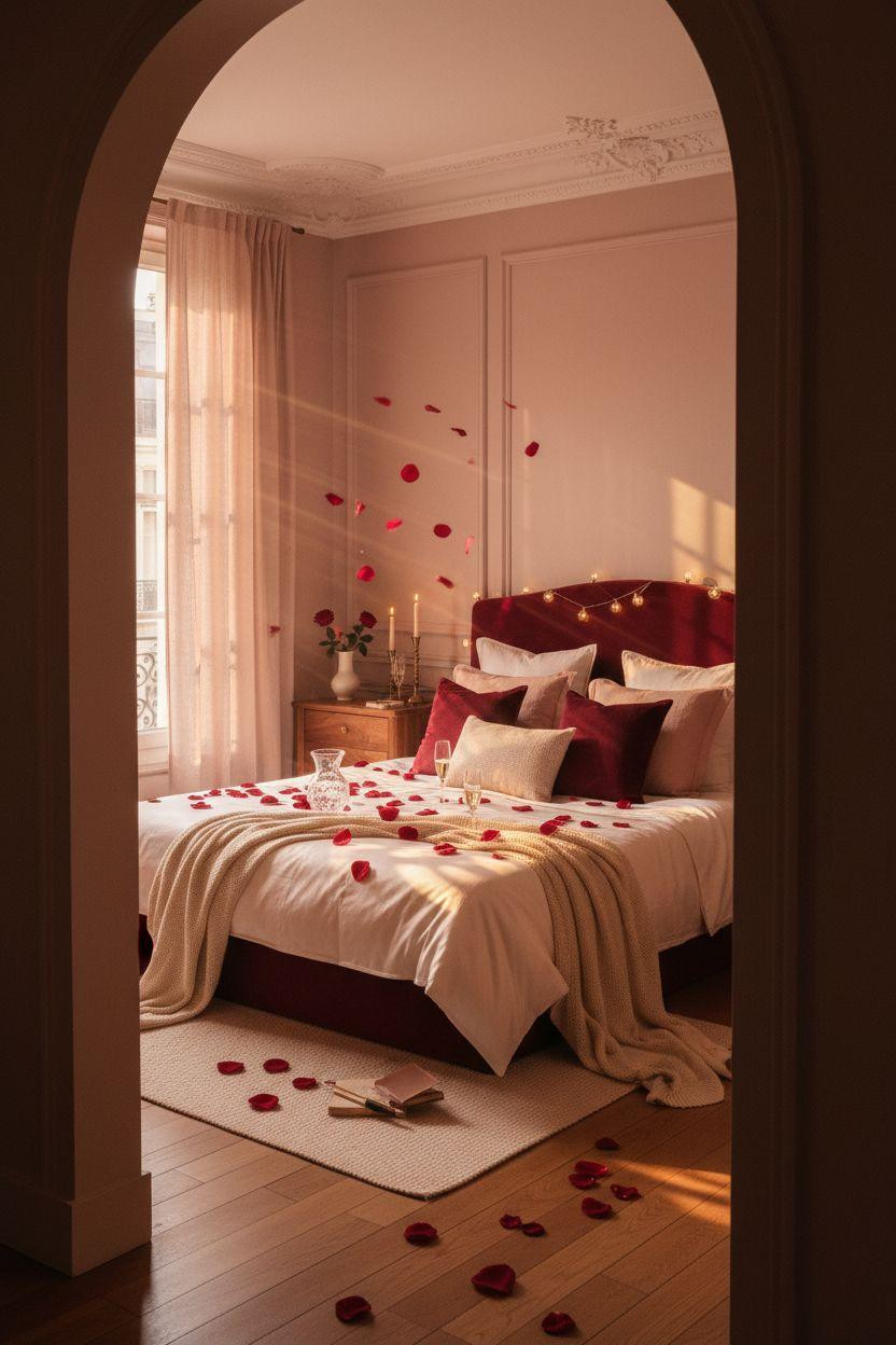 Valentine's bedroom decor for date night with champagne