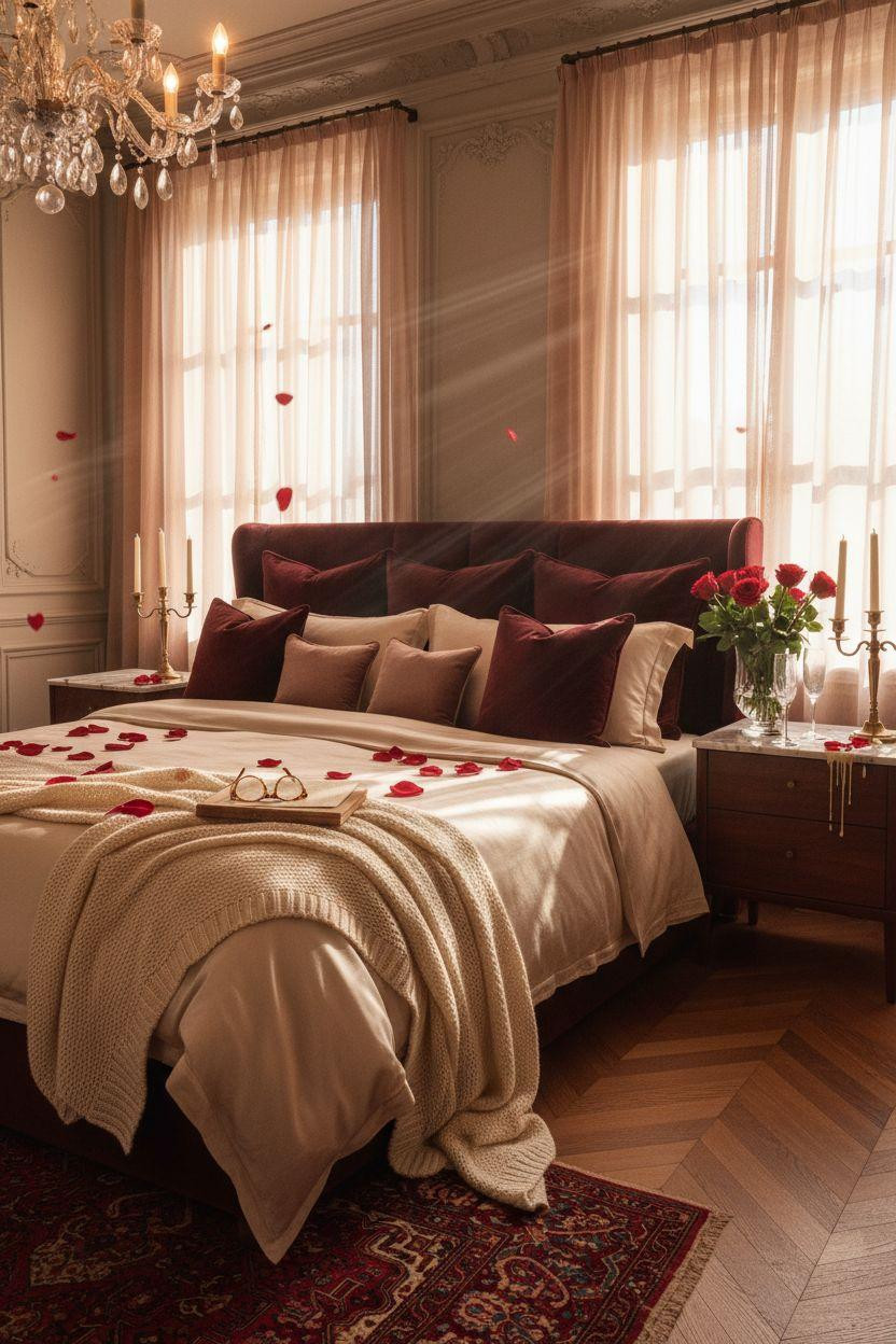 Valentine's bedroom decor with string lights and warm lighting