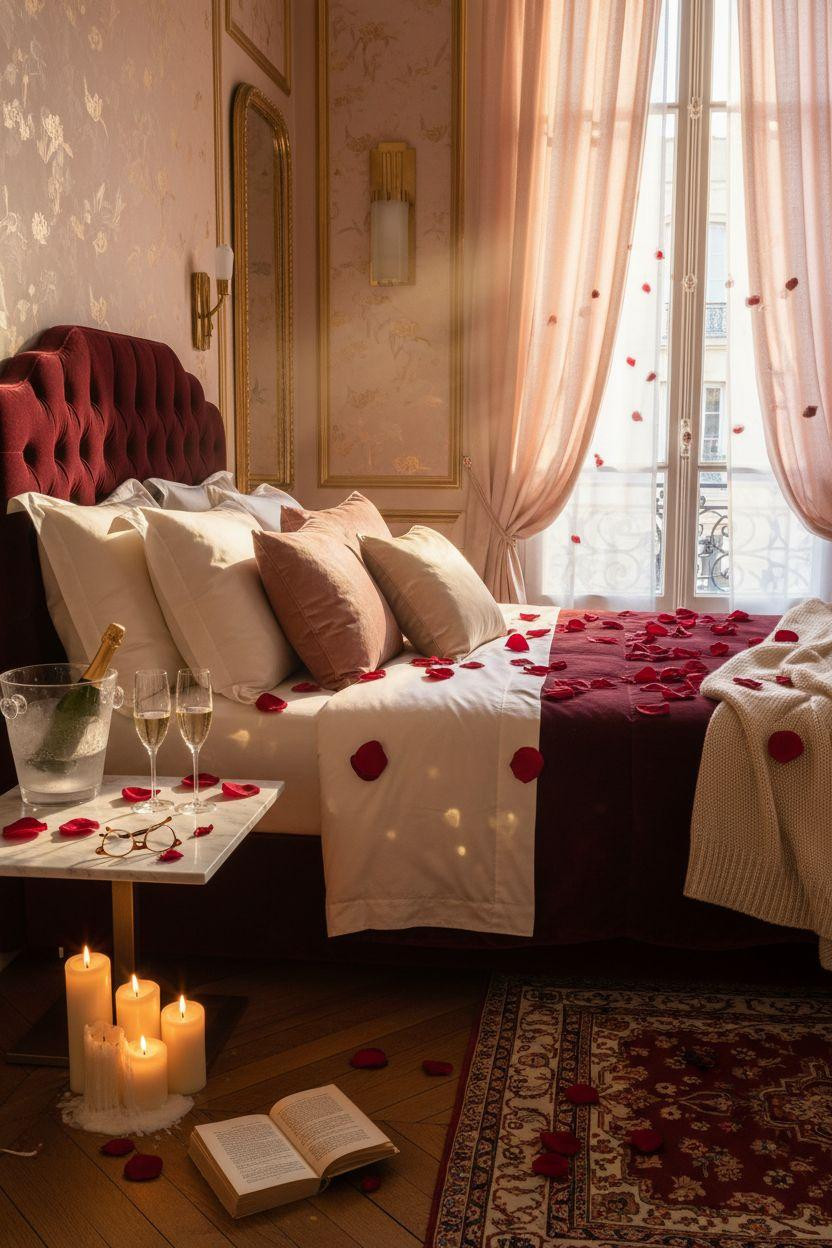 Valentine's bedroom decor with layered burgundy velvet pillows