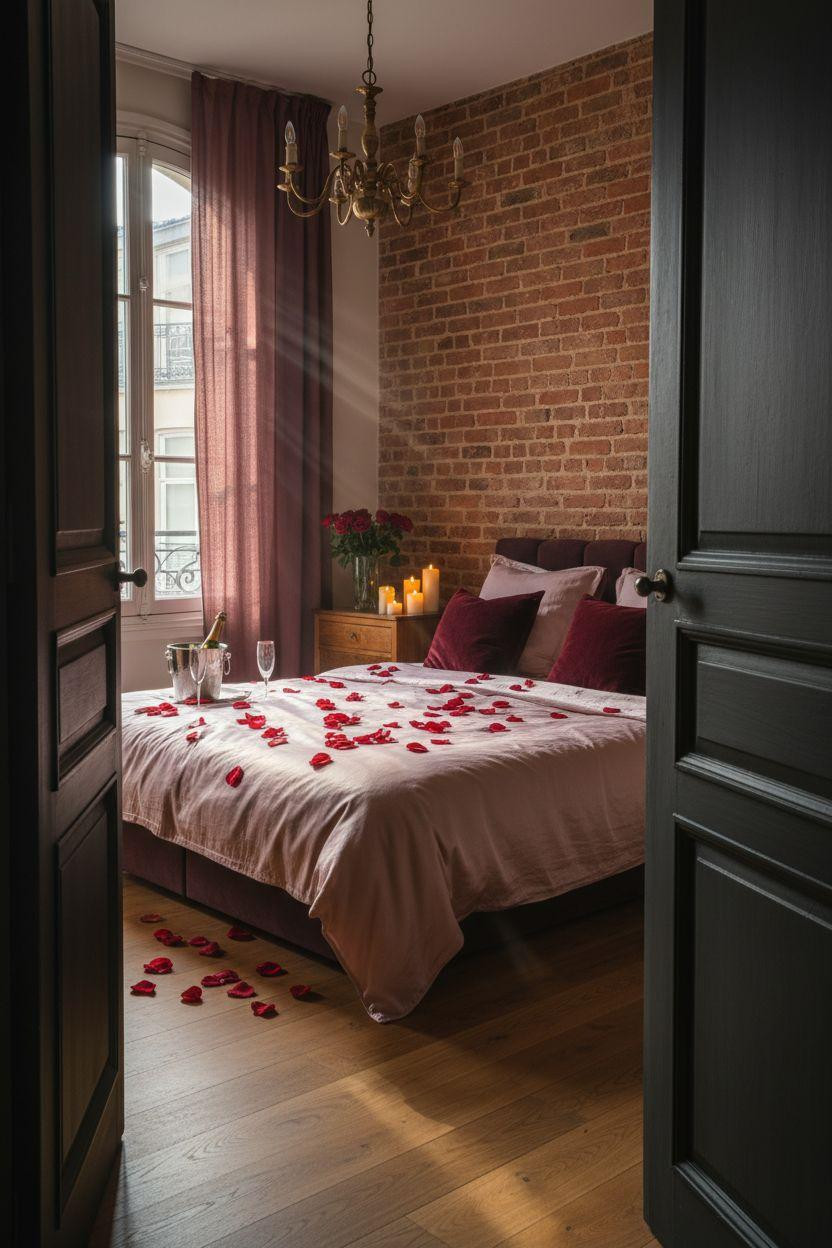Valentine's bedroom decor viewed through doorway with rose petals