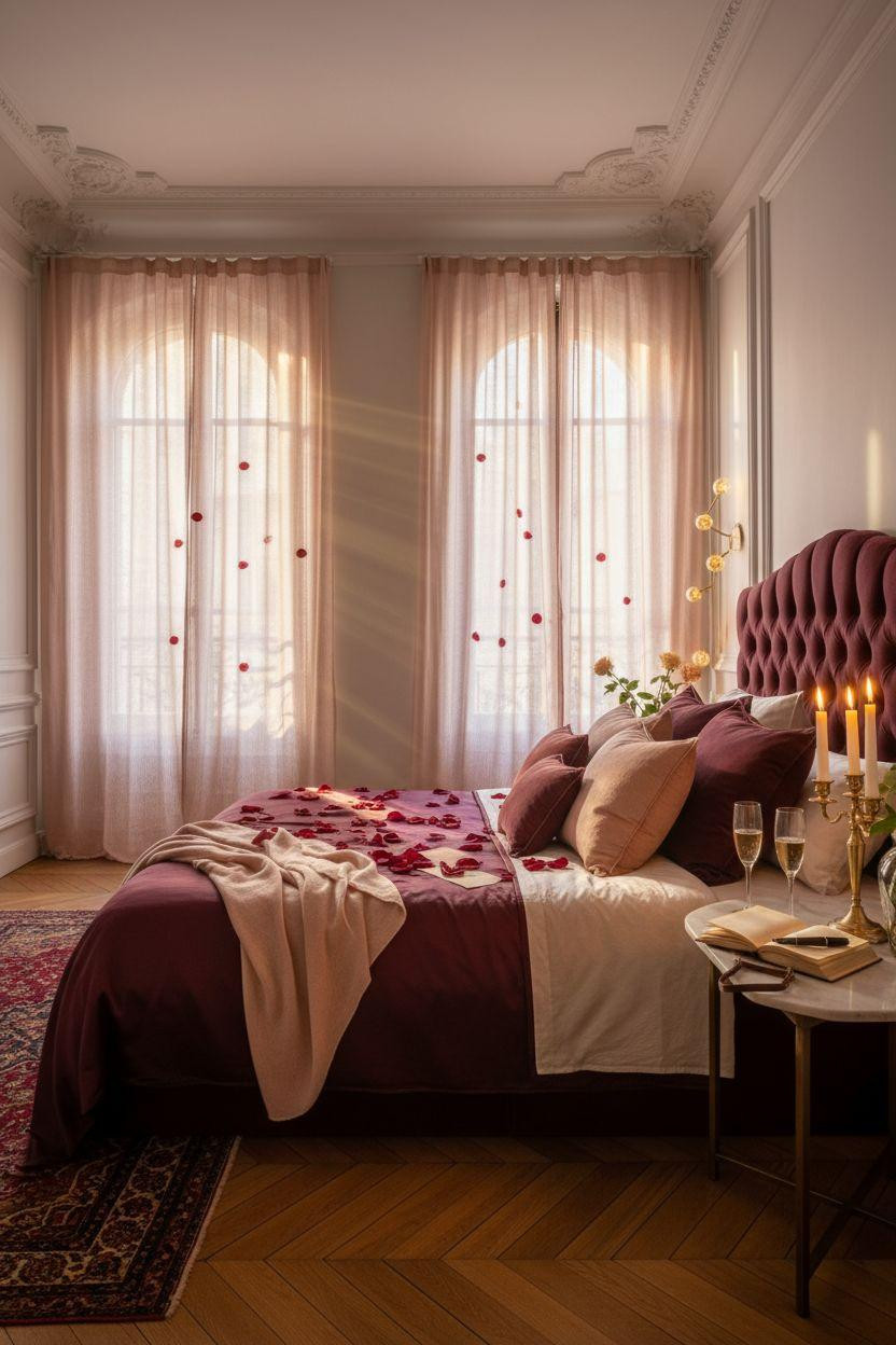 Valentine's bedroom decor with tall windows and blush pink curtains