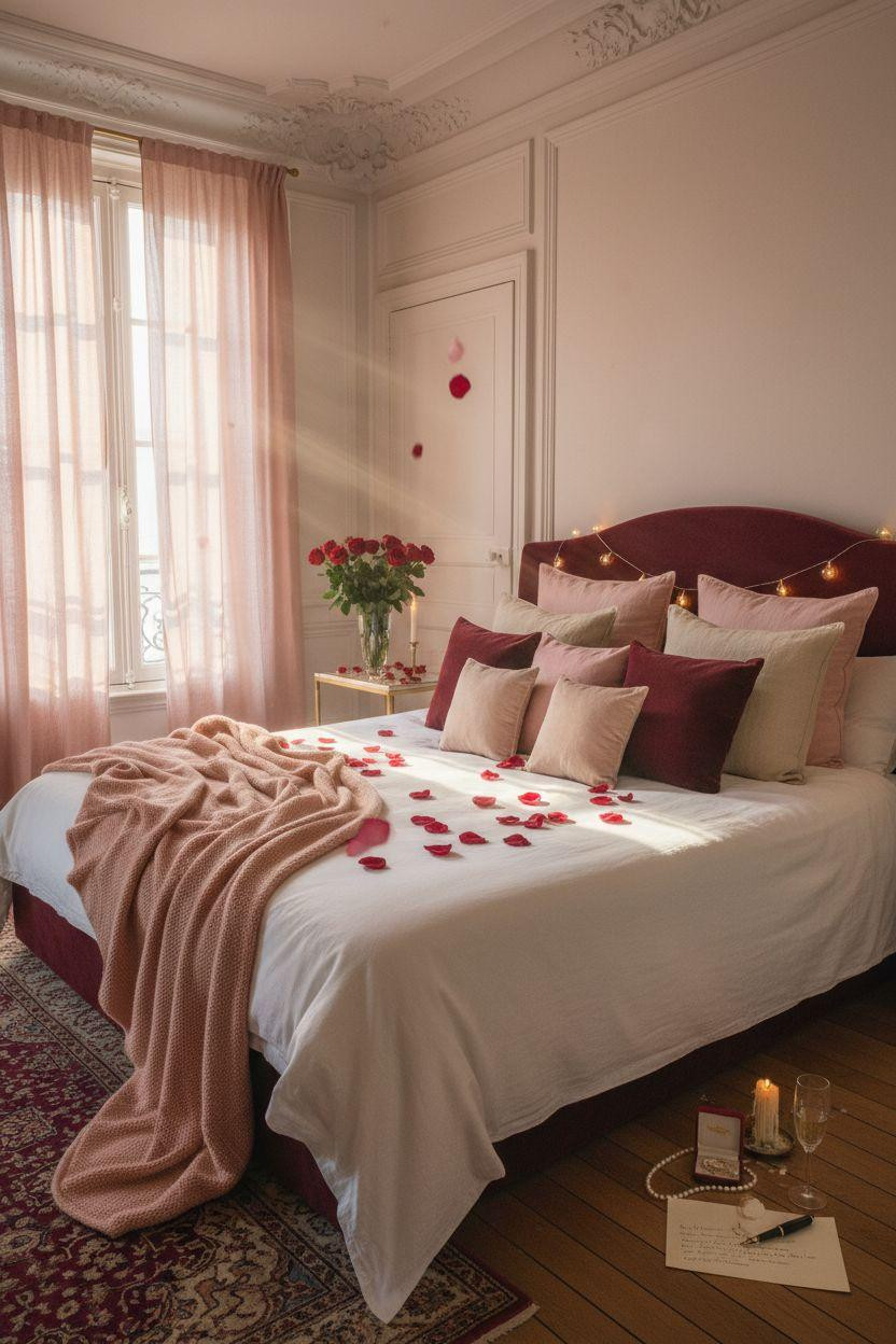 Valentine's bedroom decor with reclaimed oak and cashmere throw