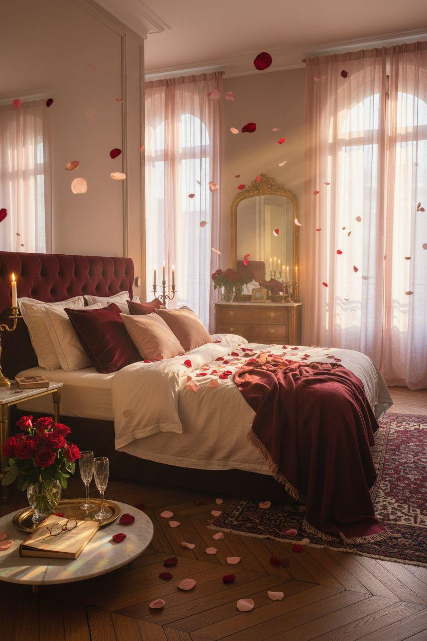 Valentine's bedroom decor with rose petals scattered across bed