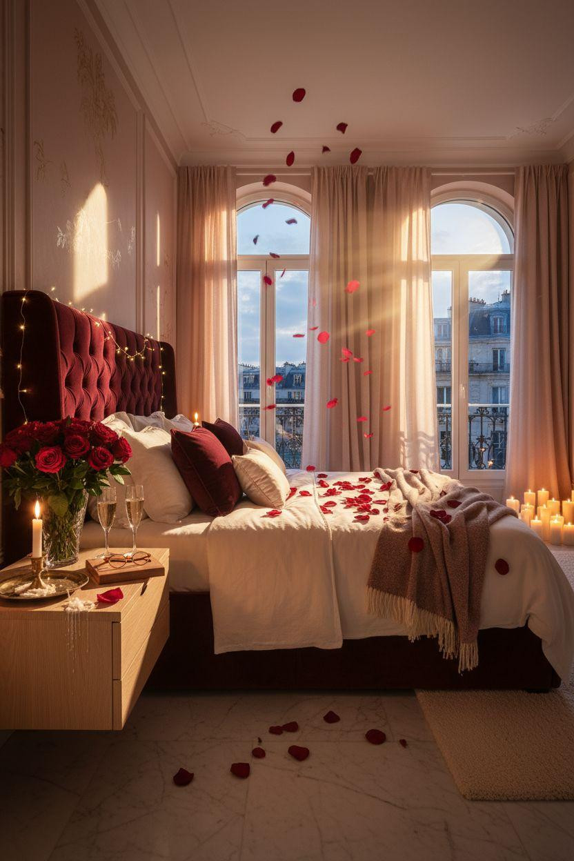 Valentine's bedroom decor with city view and candlelight