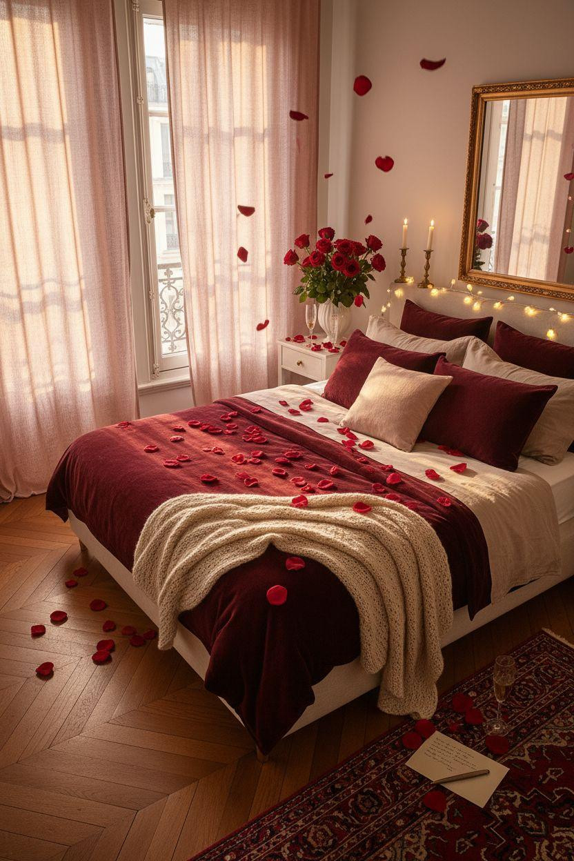 Valentine's bedroom decor from above with rose petal trail