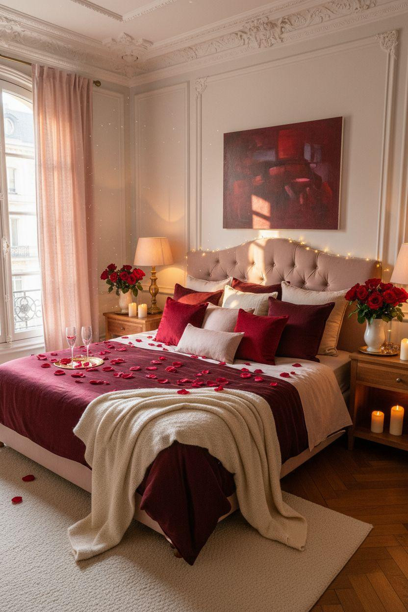 Valentine's bedroom decor with layered blush and burgundy pillows