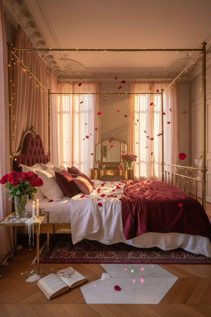 Valentine's bedroom decor with four-poster brass bed frame