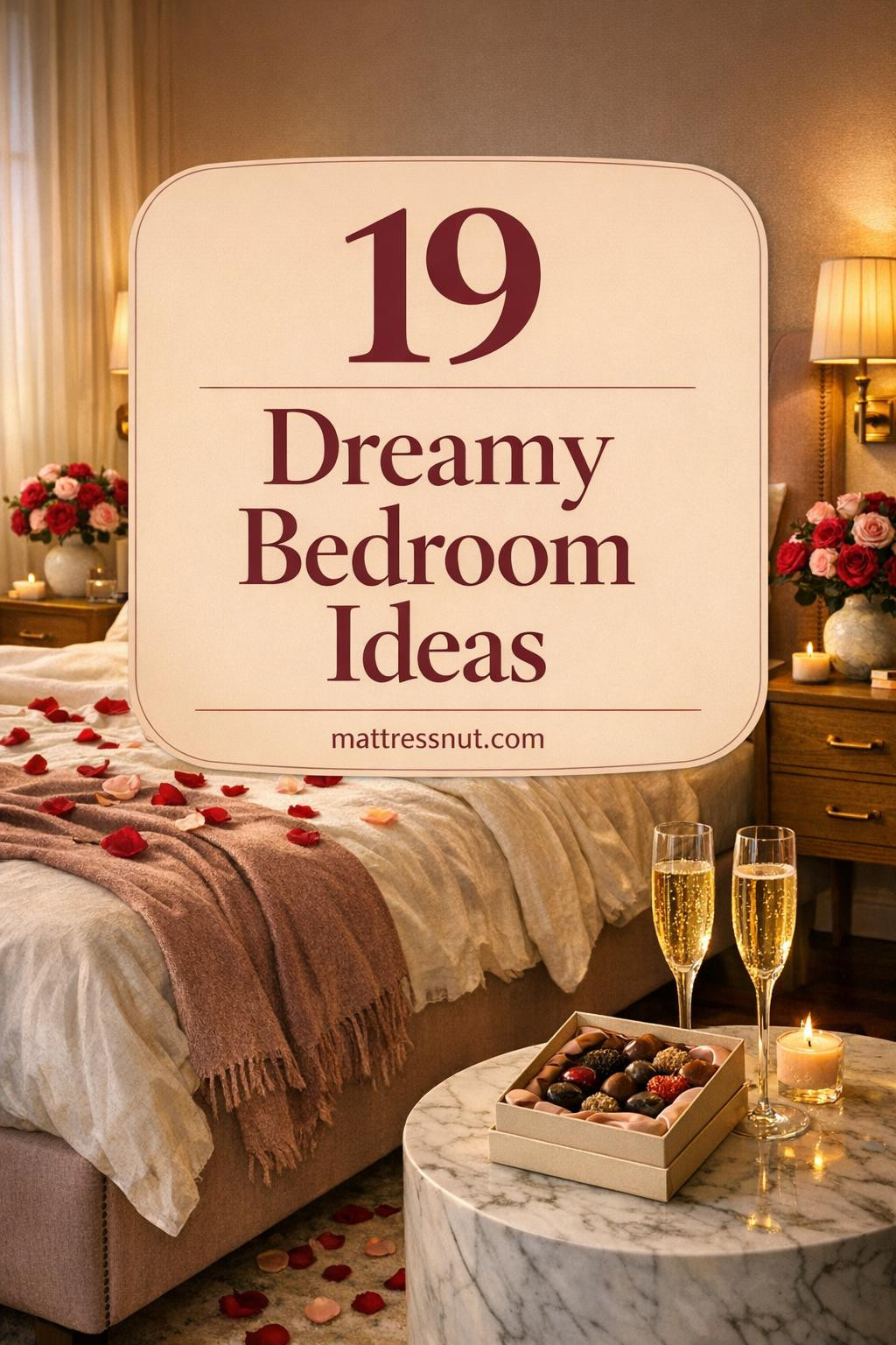 Elegant bedroom with blush headboard, cream linen bedding, scattered rose petals, brass sconces, and champagne setup