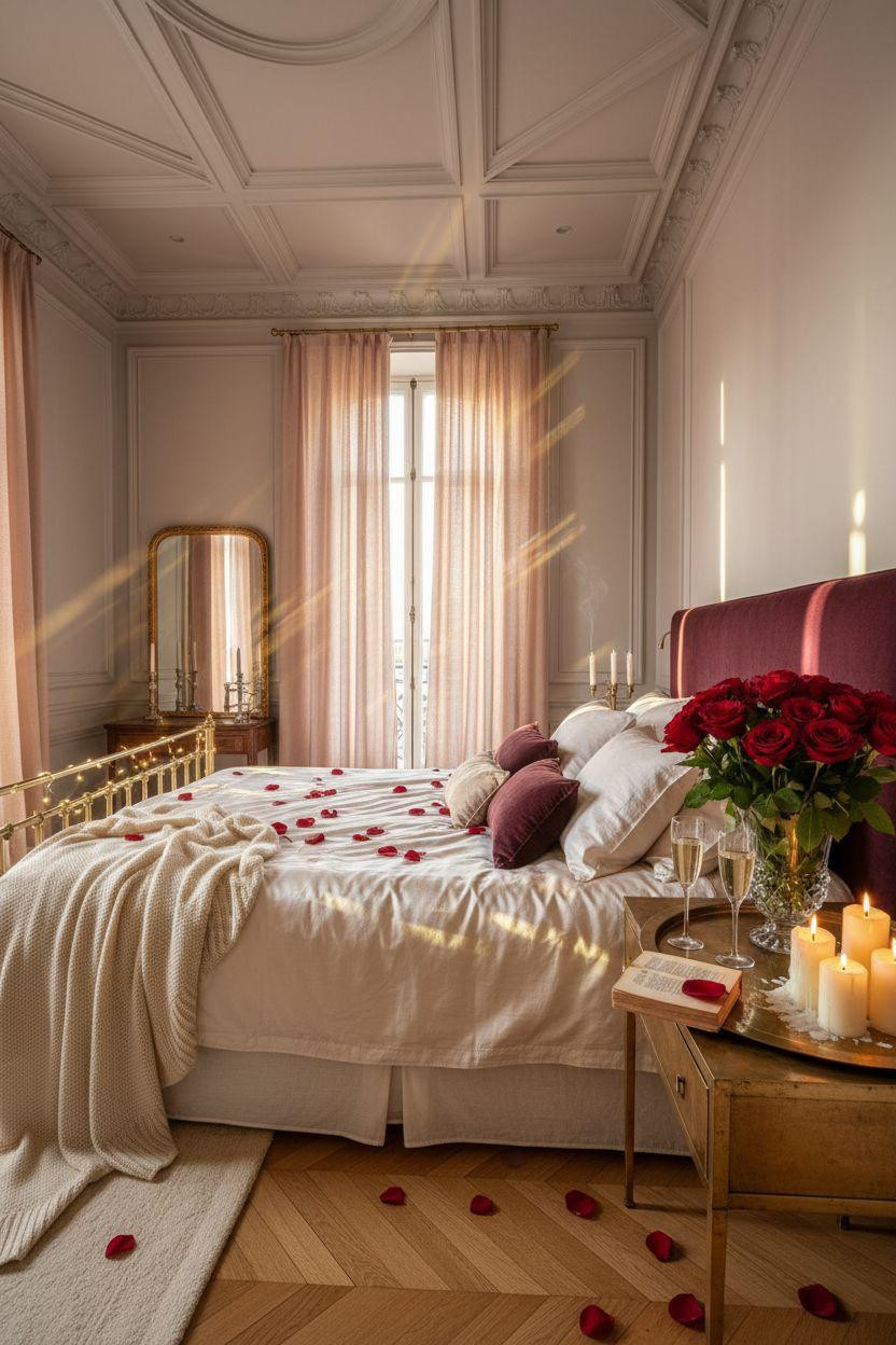 Valentine's bedroom decor with ivory silk sheets and brass accents