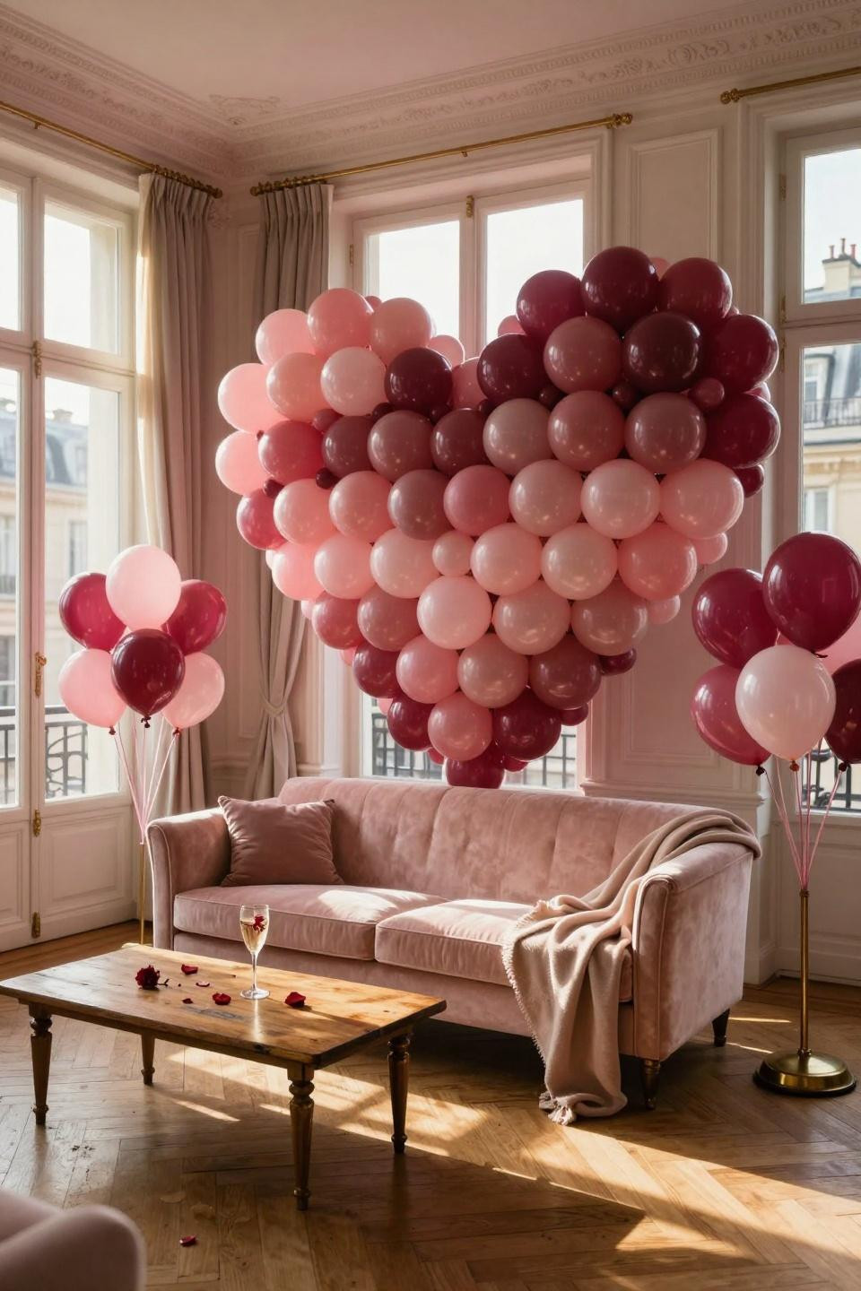 Valentine's Day Balloon Heart Wall ombré installation in French apartment