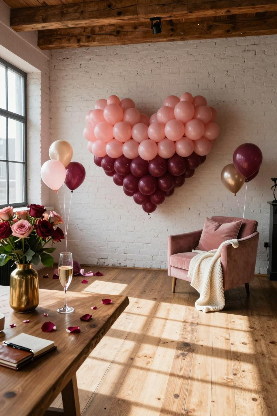 Valentine's Day Balloon Heart Wall gradient installation on exposed brick