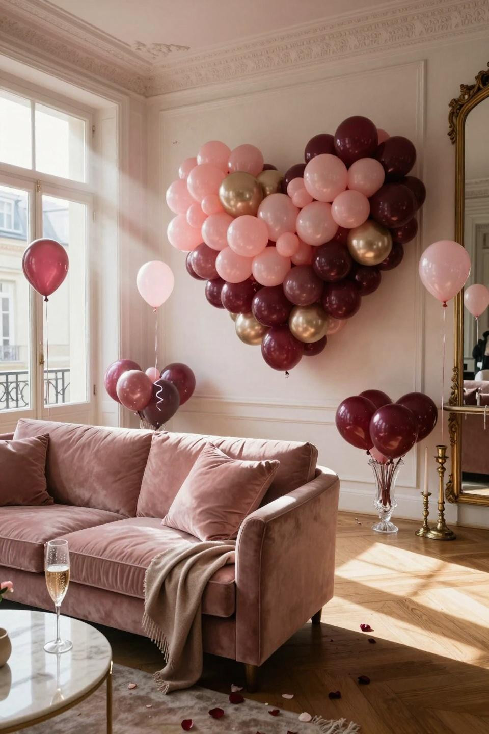 Valentine's Day Balloon Heart Wall garland around vintage mirror